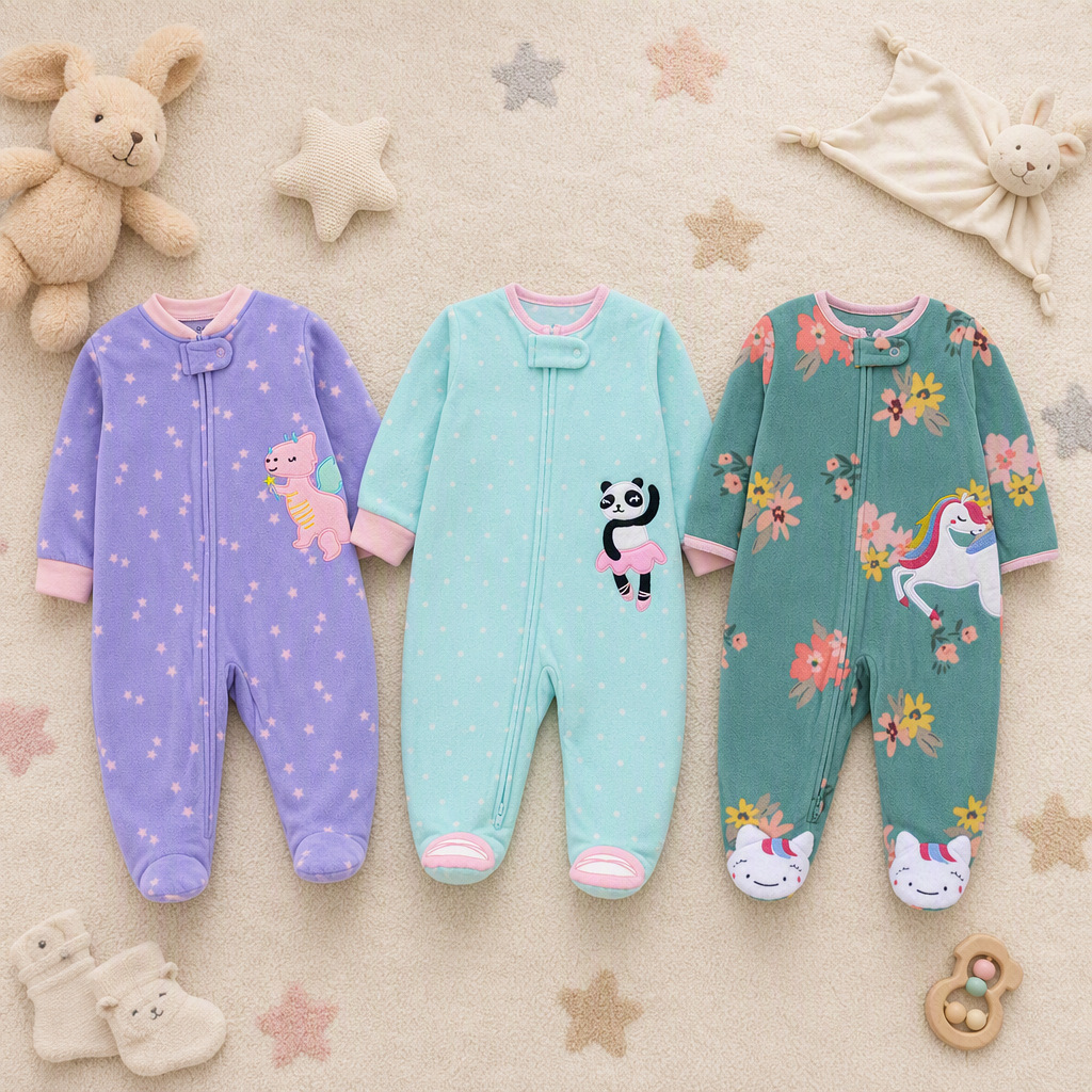 Baby Clothing Zip - ชุดรอมเปอร์เด็กผู้หญิงลายดาว ลายดอกไม้ ลายจุด ผ้าฟลีซขนแกะ ปักลายการ์ตูน มีที่ปิดเท้า