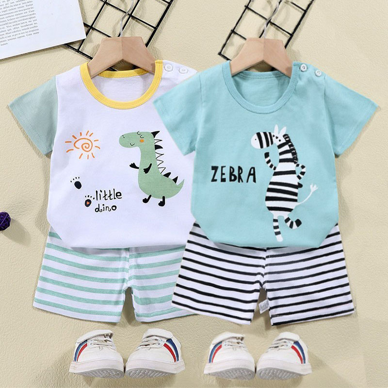 Baby Clothing Deals - ผ้าฝ้ายTees + กางเกงขาสั้น 2 ชิ้นชุดเด็กการ์ตูนZebraไดโนเสาร์พิมพ์ฤดูร้อนชุดเด็กชายหญิงเด็ก 1-6