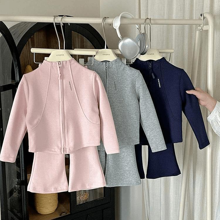 Baby Clothing Zip - ชุดกีฬาเด็กผู้หญิง 2 ชิ้น/ชุด เสื้อแจ็คเก็ตซิปสีพื้น กางเกงขาบาน สำหรับฤดูใบไม้ผลิและฤดูใบไม้ร่วง